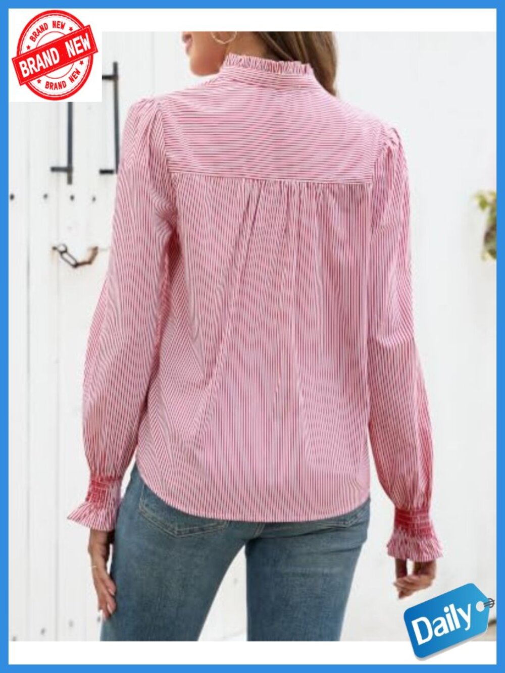 Striped Ruffle Neck Blouse Long Sleeve Button Down Shirt Women - Picture 3 of 6